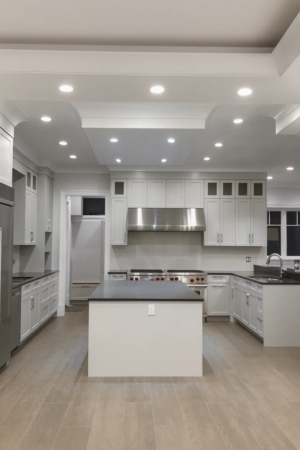 Painted Shaker Island Kitchen — A white painted shaker-style kitchen with glass displays, integrated appliances, and a massive island centerpiece.