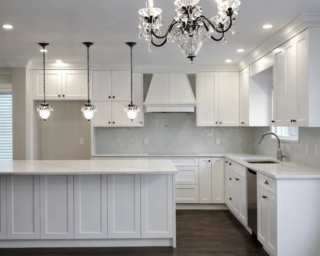 Artisan-Lit Shaker Kitchen — A bright and modern kitchen with clean shaker fronts, artisan lighting, and subtle dark accents.